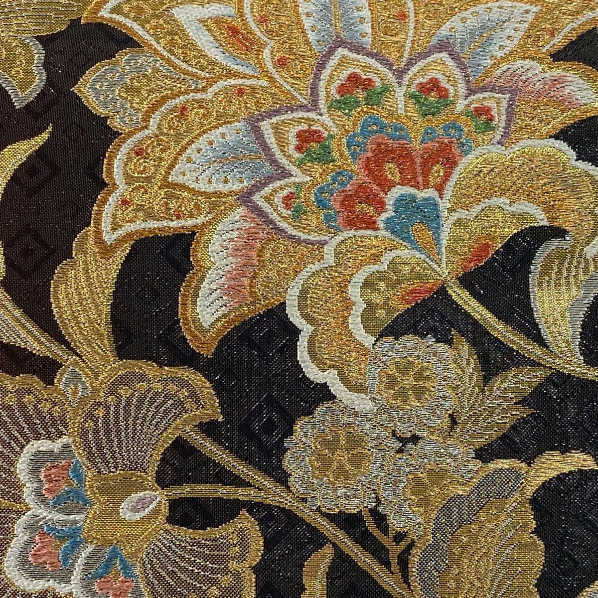 袋帯 秀品 草花 金銀糸 箔 赤黒 六通 正絹