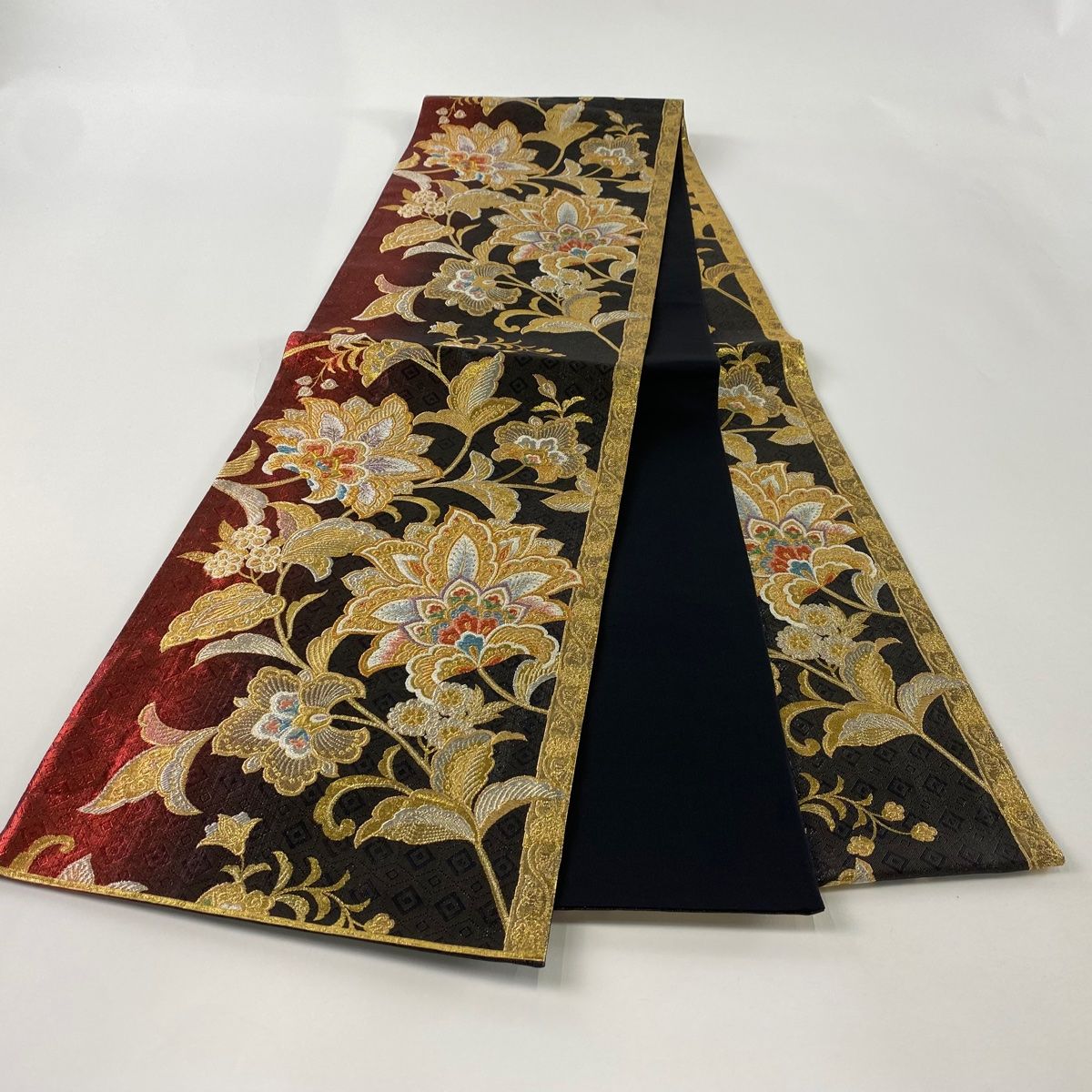  袋帯 秀品 草花 金銀糸 箔 赤黒 六通 正絹 袋帯 帯
