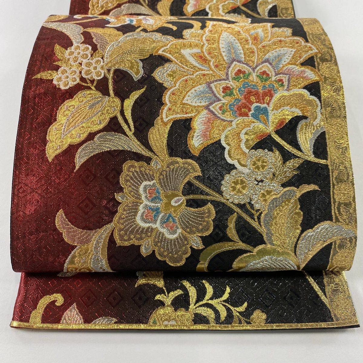 袋帯 秀品 草花 金銀糸 箔 赤黒 六通 正絹