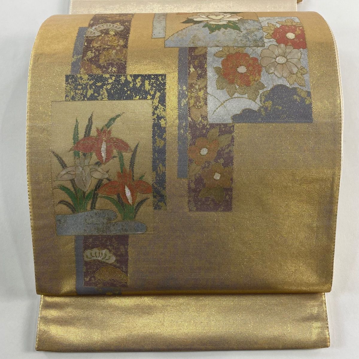 袋帯 秀品 色紙 草花 螺鈿箔 箔 金色 お太鼓柄 正絹