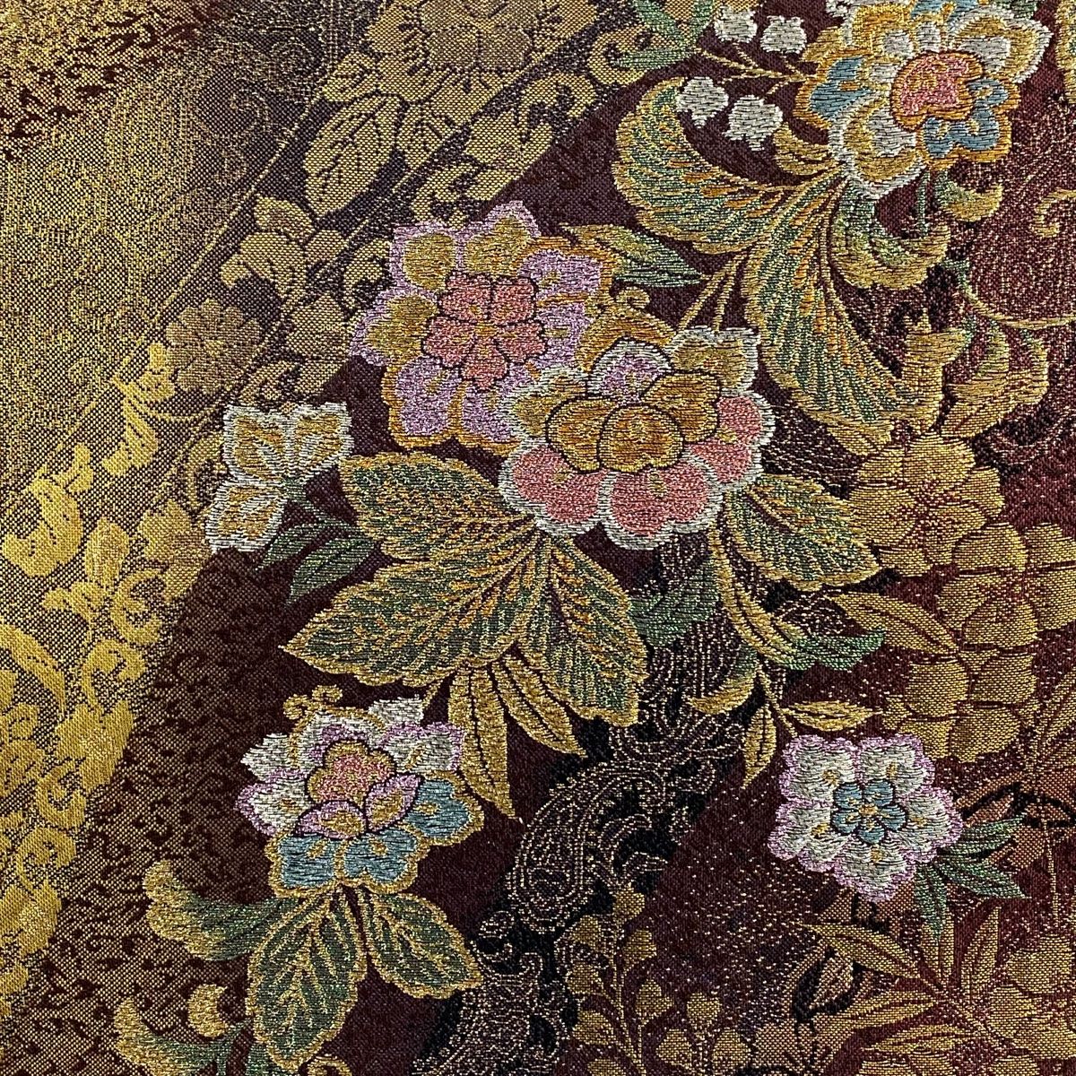 袋帯 秀品 草花 金銀糸 箔 赤紫 六通 正絹