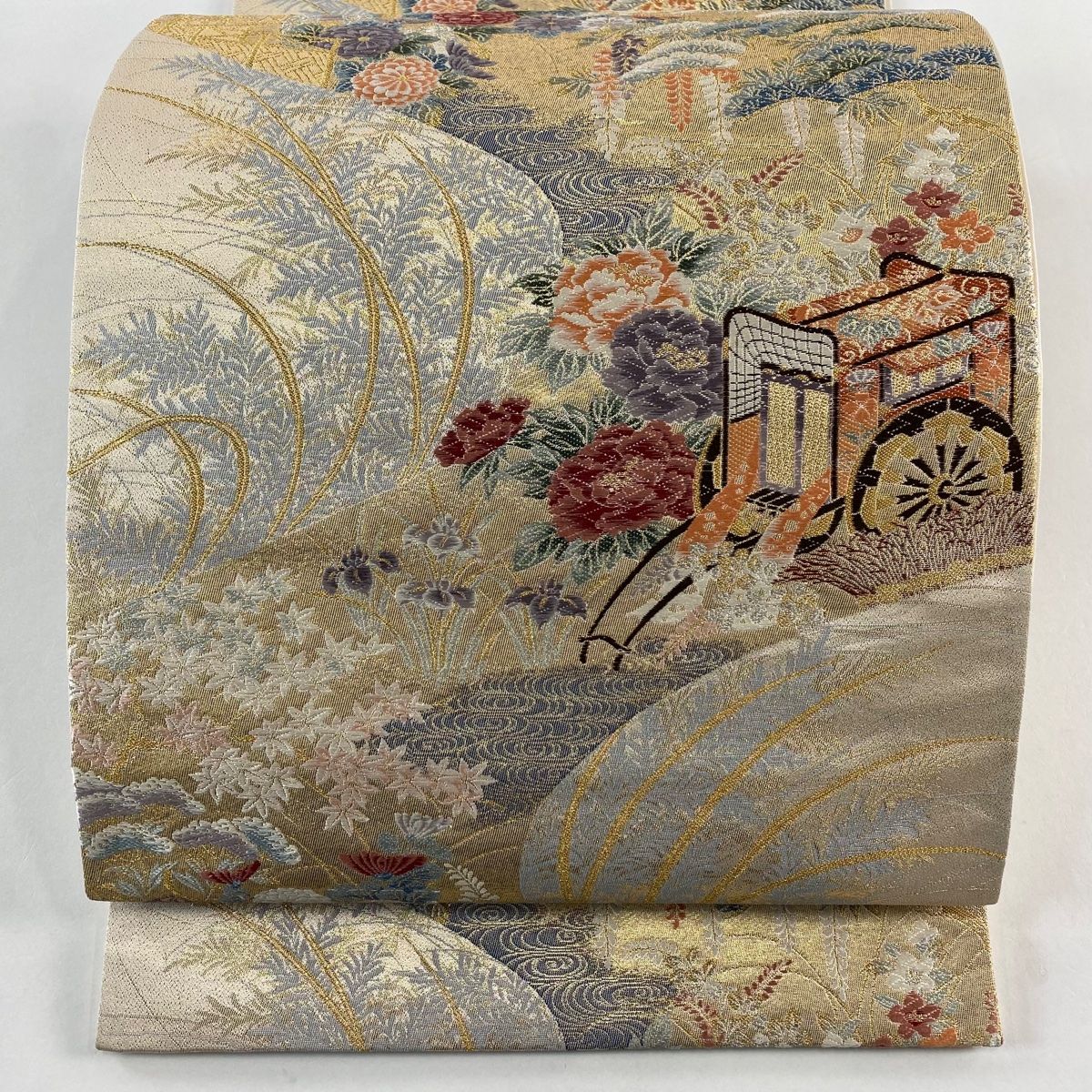 袋帯 秀品 流水取御所解 草花 刺繍 金銀糸 金色 六通 正絹