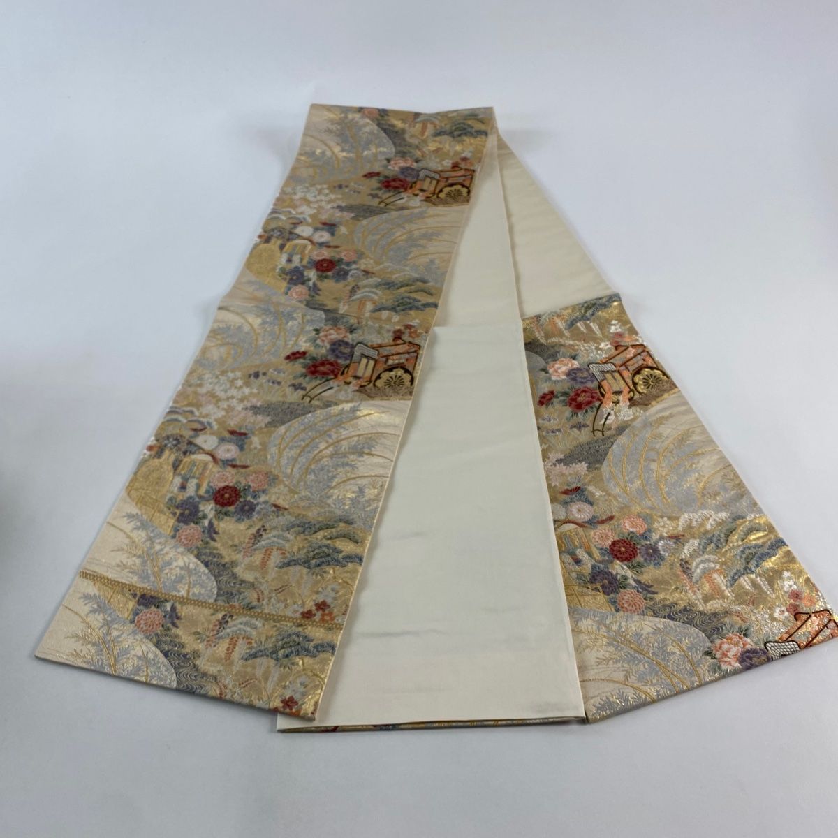  袋帯 秀品 流水取御所解 草花 刺繍 金銀糸 金色 六通 正絹 袋帯 帯