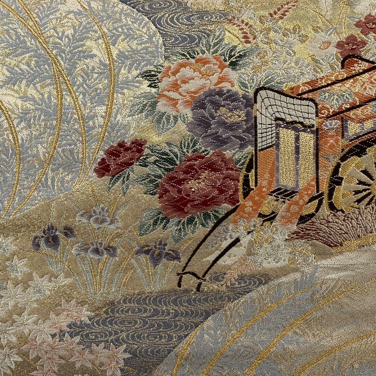 袋帯 秀品 流水取御所解 草花 刺繍 金銀糸 金色 六通 正絹