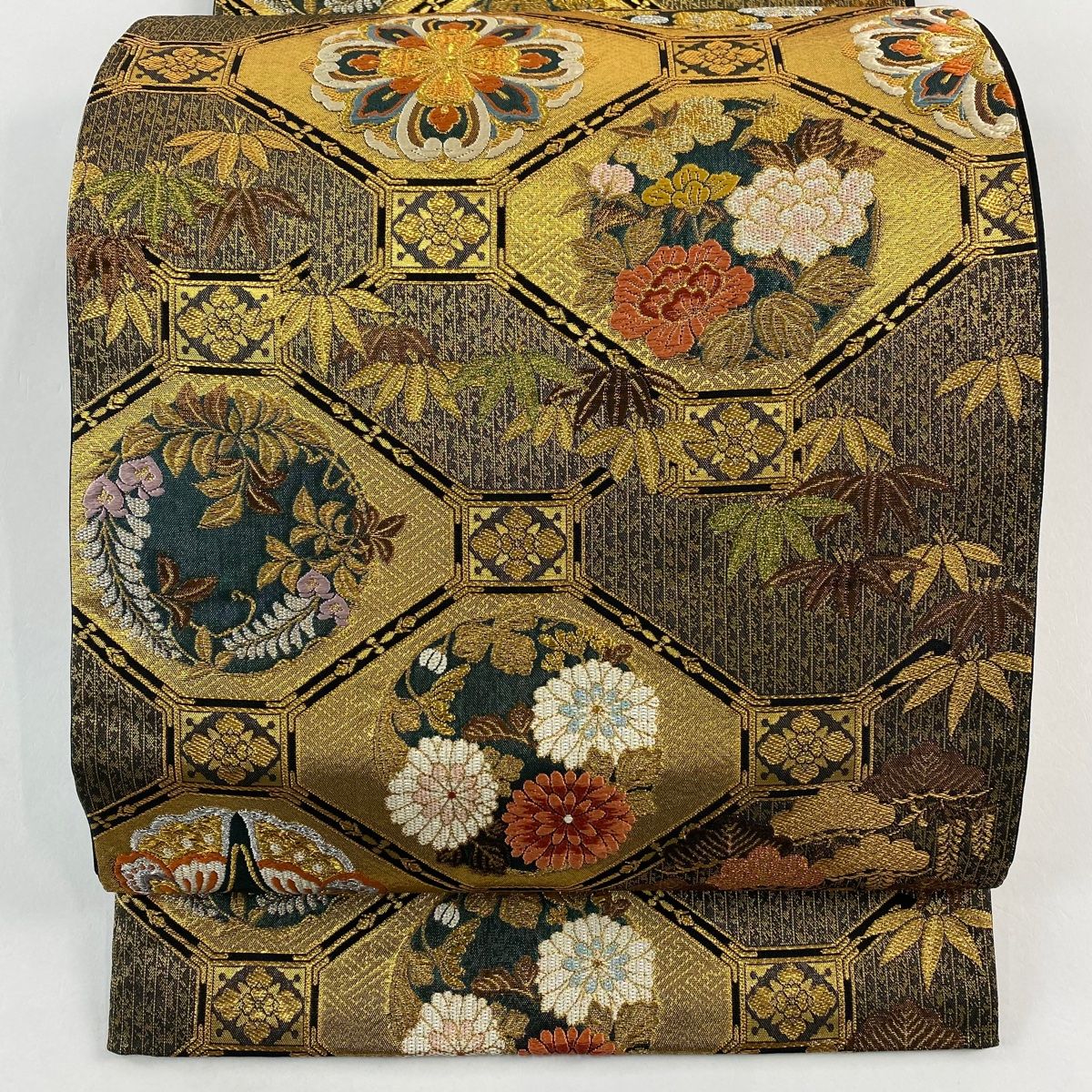 袋帯 秀品 清薫旭華文 蜀江文 刺繍 金銀糸 金色 六通 正絹