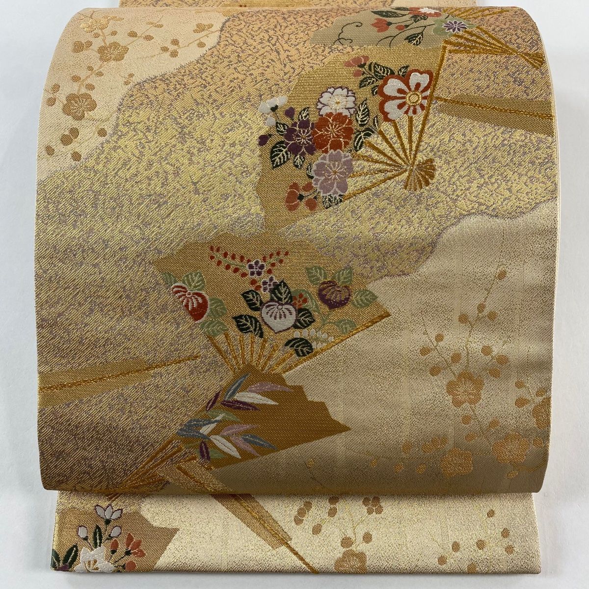 袋帯 秀品 道長桧扇散 草花 刺繍 金糸 金色 六通 正絹