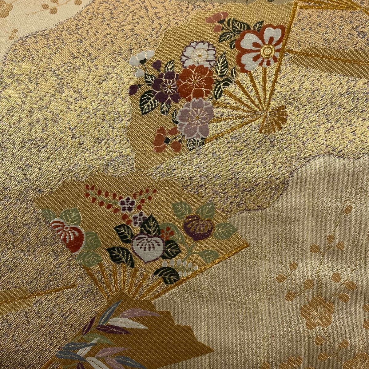 袋帯 秀品 道長桧扇散 草花 刺繍 金糸 金色 六通 正絹