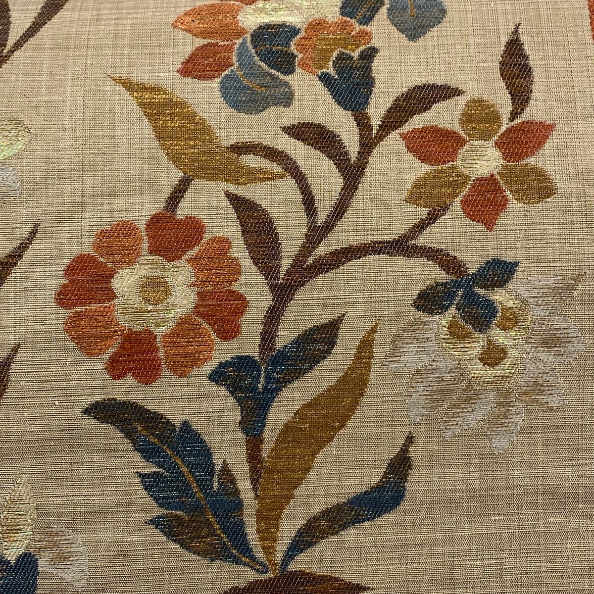 袋帯 秀品 落款 草花 箔 灰茶 六通 正絹