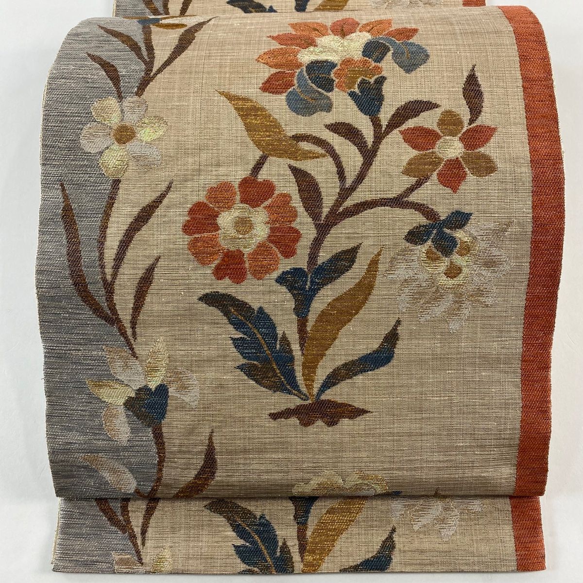 袋帯 秀品 落款 草花 箔 灰茶 六通 正絹