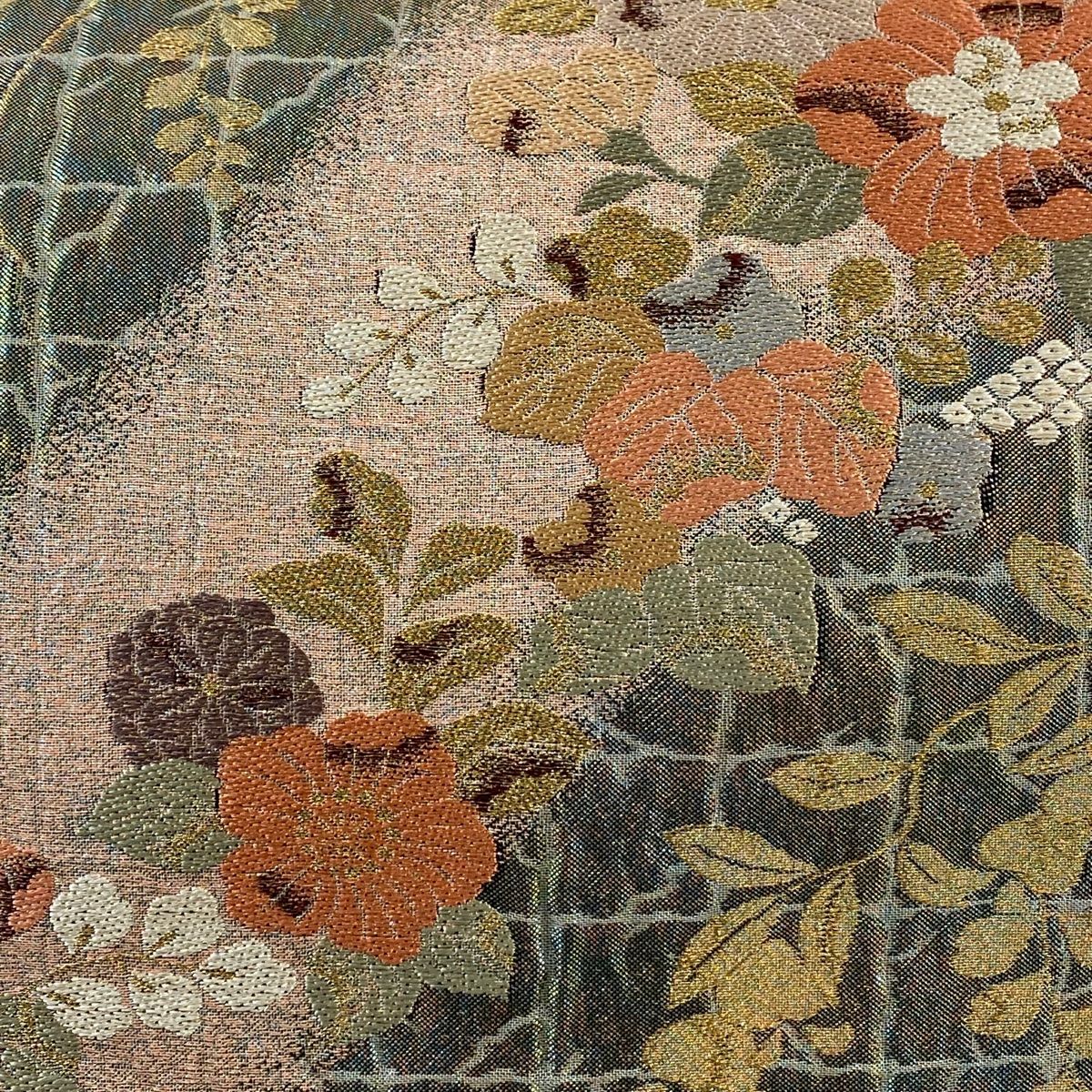 袋帯 秀品 草花 格子 金糸 箔 鶯色 六通 正絹