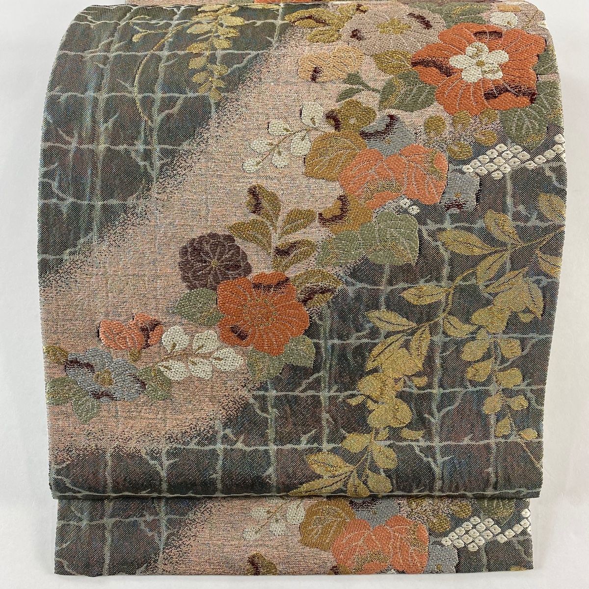 袋帯 秀品 草花 格子 金糸 箔 鶯色 六通 正絹