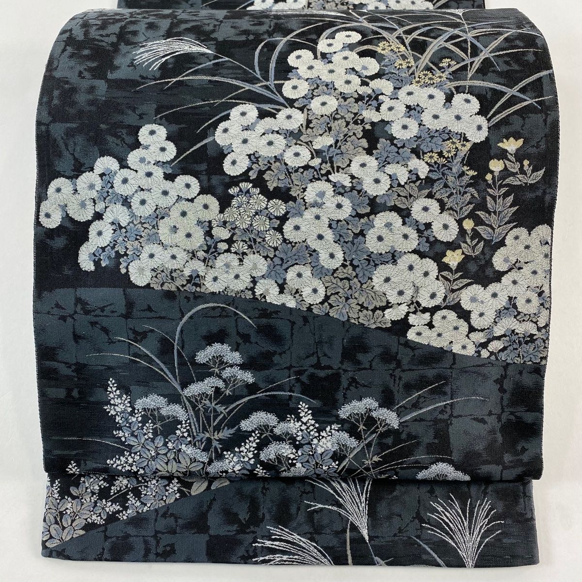 袋帯 秀品 落款 萬葉 秋草 霞 墨色 全通 正絹