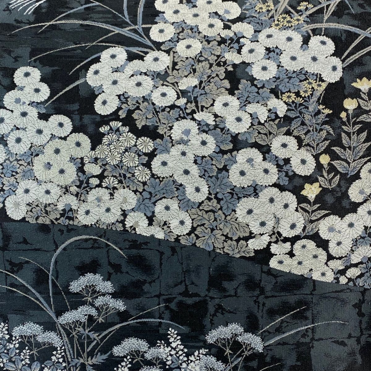 袋帯 秀品 落款 萬葉 秋草 霞 墨色 全通 正絹