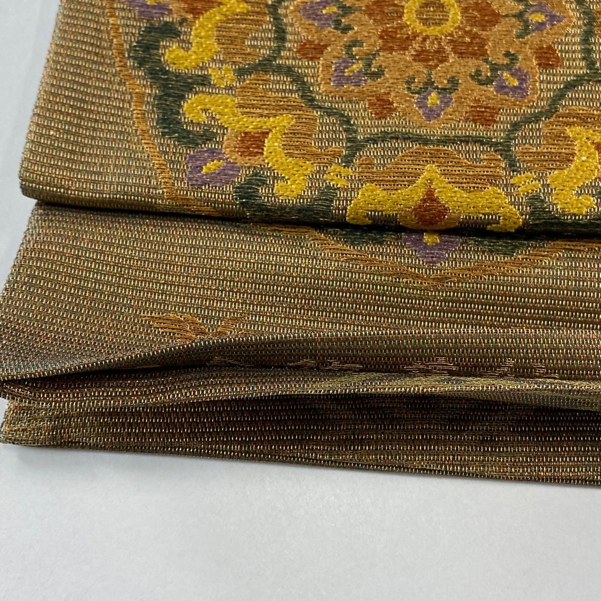  袋帯 秀品 関西仕立て 華文 草花 金糸 箔 茶色 六通 正絹 袋帯 帯