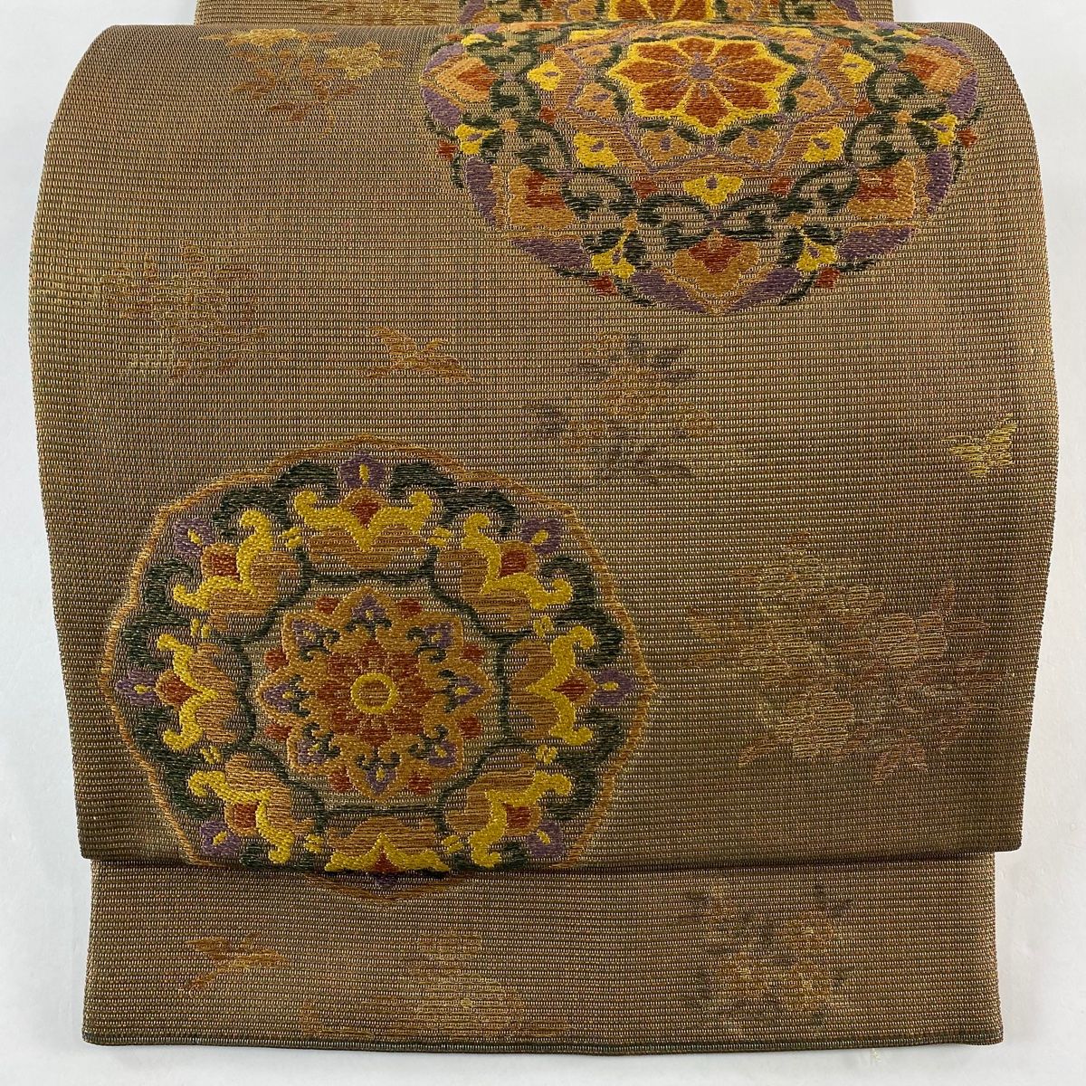 袋帯 秀品 関西仕立て 華文 草花 金糸 箔 茶色 六通 正絹