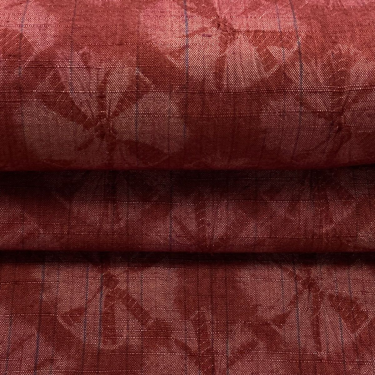  袋帯 秀品 紬地 幾何学模様 縞 絞り ぼかし えんじ色 全通 正絹 袋帯 帯