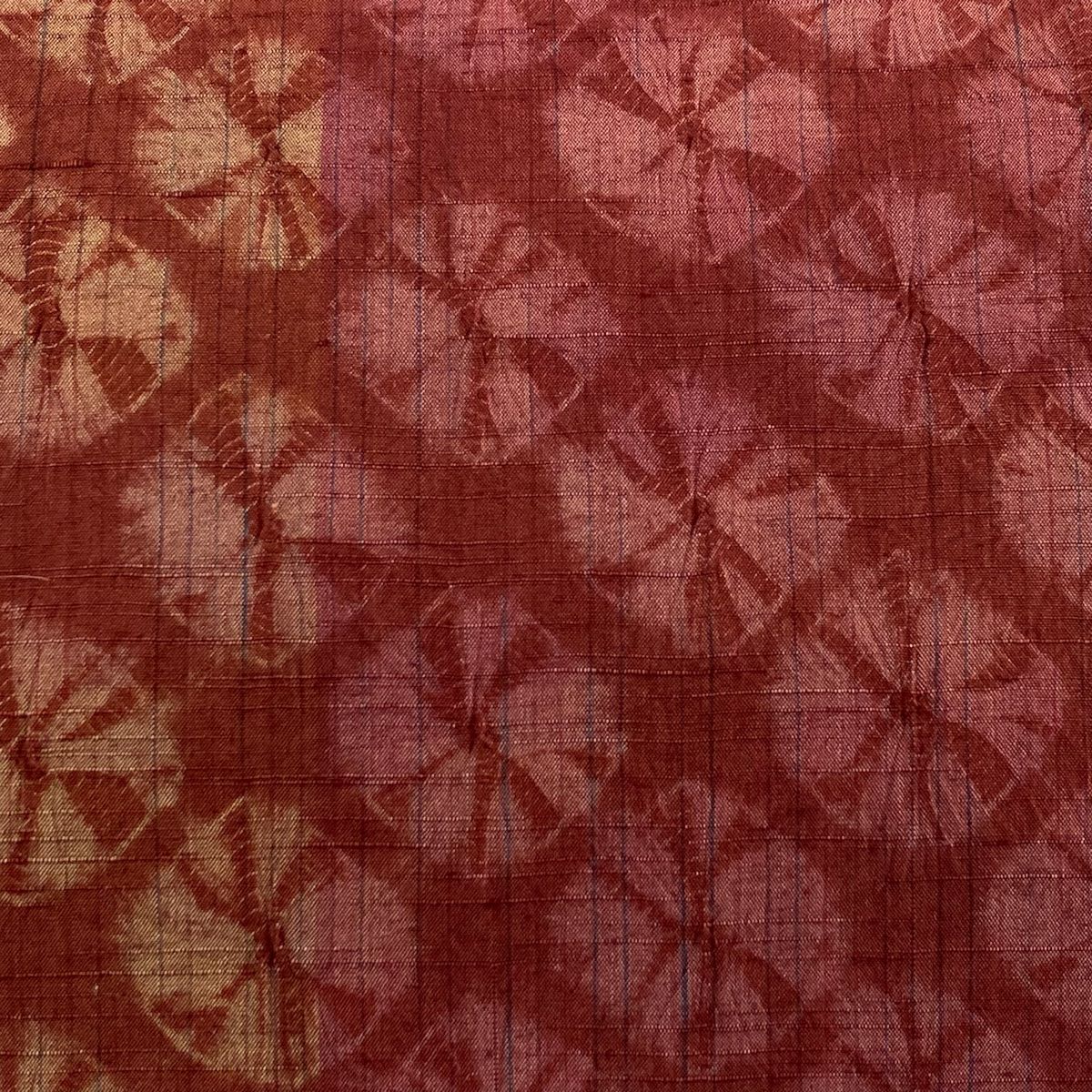 袋帯 秀品 紬地 幾何学模様 縞 絞り ぼかし えんじ色 全通 正絹