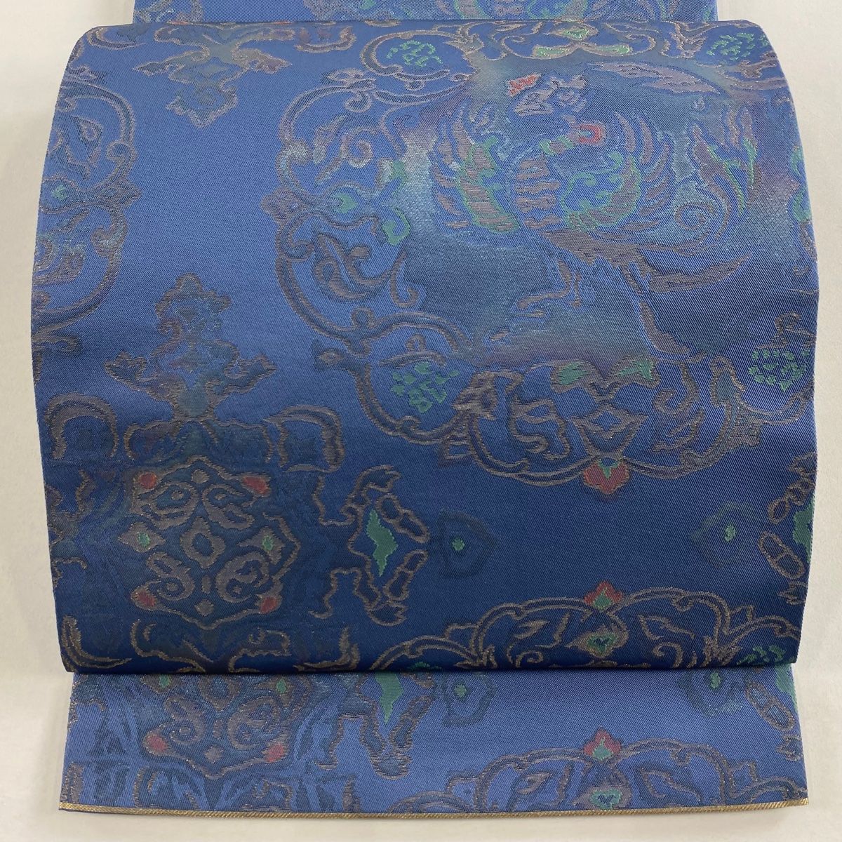 袋帯 秀品 織悦 落款 関西仕立て 華文 鳥 金糸 箔 青灰色 全通 正絹