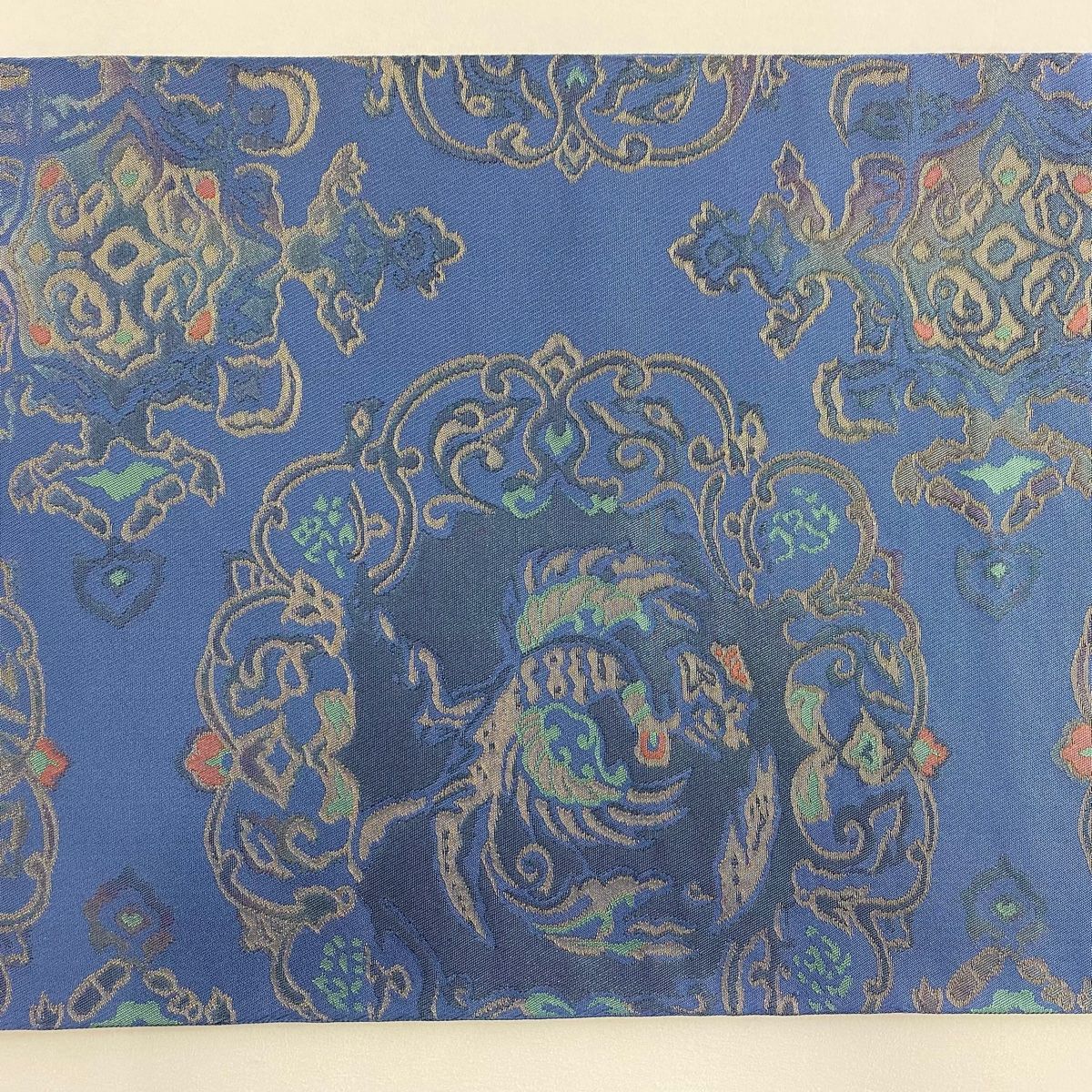  袋帯 秀品 織悦 落款 関西仕立て 華文 鳥 金糸 箔 青灰色 全通 正絹 袋帯 帯