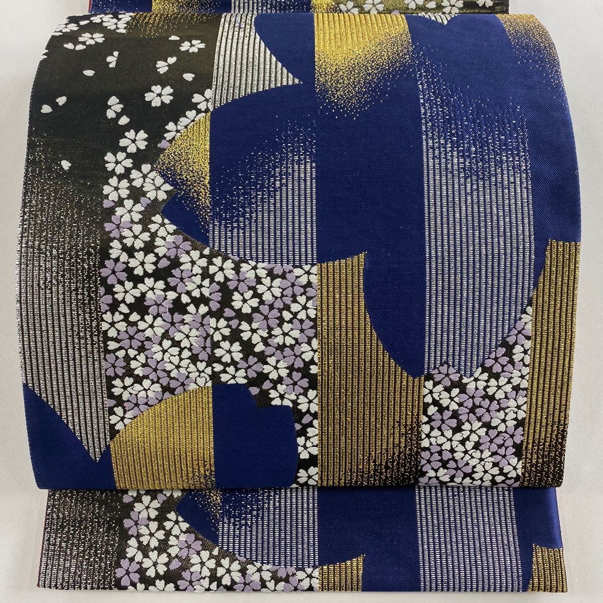 袋帯 秀品 桜 縞 箔 刺繍 青紫 六通 正絹