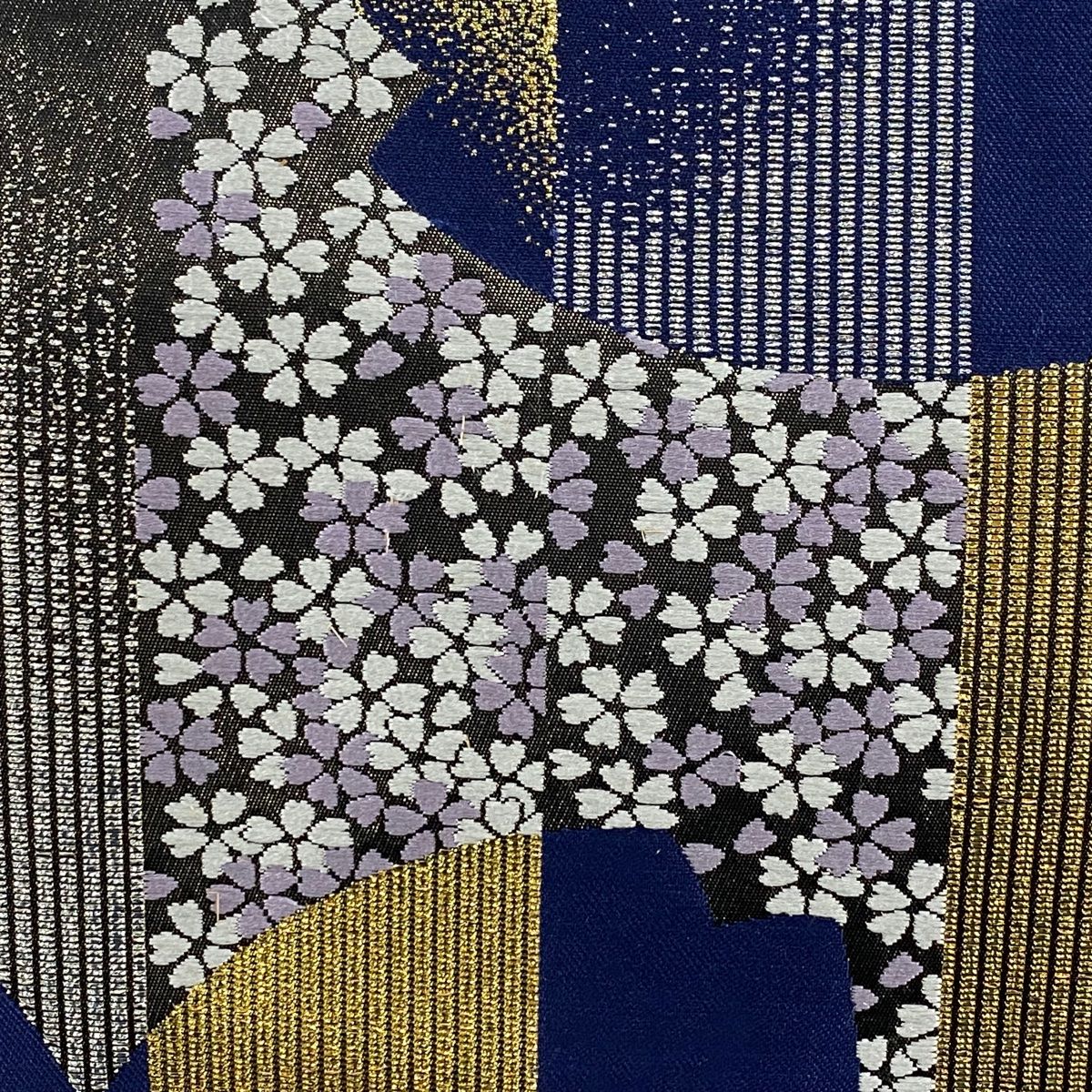 袋帯 秀品 桜 縞 箔 刺繍 青紫 六通 正絹