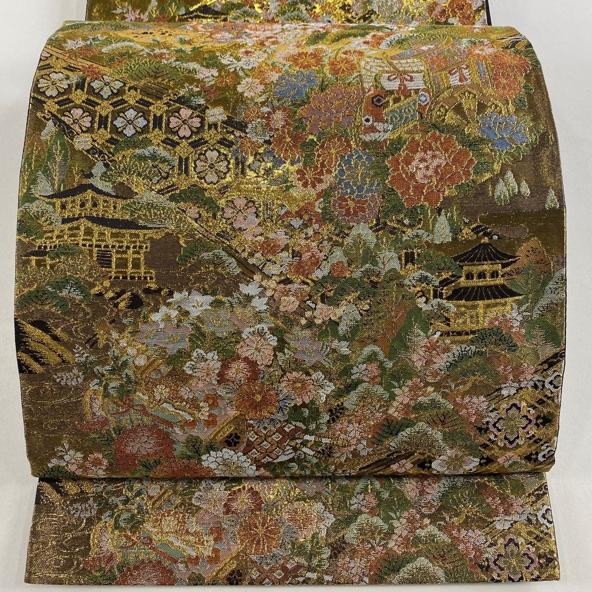 袋帯 秀品 御所車 建物 金糸 箔 金色 六通 正絹