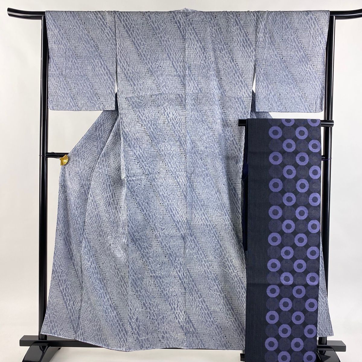 小紋 身丈158 cm 裄丈64 5 M 袷 名古屋帯セット 幾何学模様 絞り 青灰色 正絹 秀品