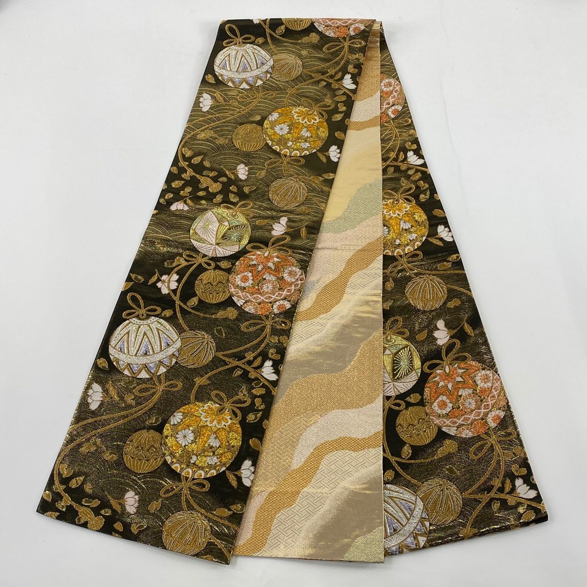  振袖 身丈166.5 cm 裄丈70 L 袷 袋帯フルセット 手鞠 草花 金彩 染め分け 紺色 正絹 振袖 着物