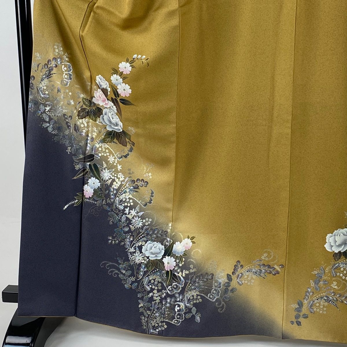 付下げ 身丈165.5 cm 裄丈68 L 袷 袋帯セット 薔薇 草花 金銀彩 染め分け 山吹茶色 正絹 秀品