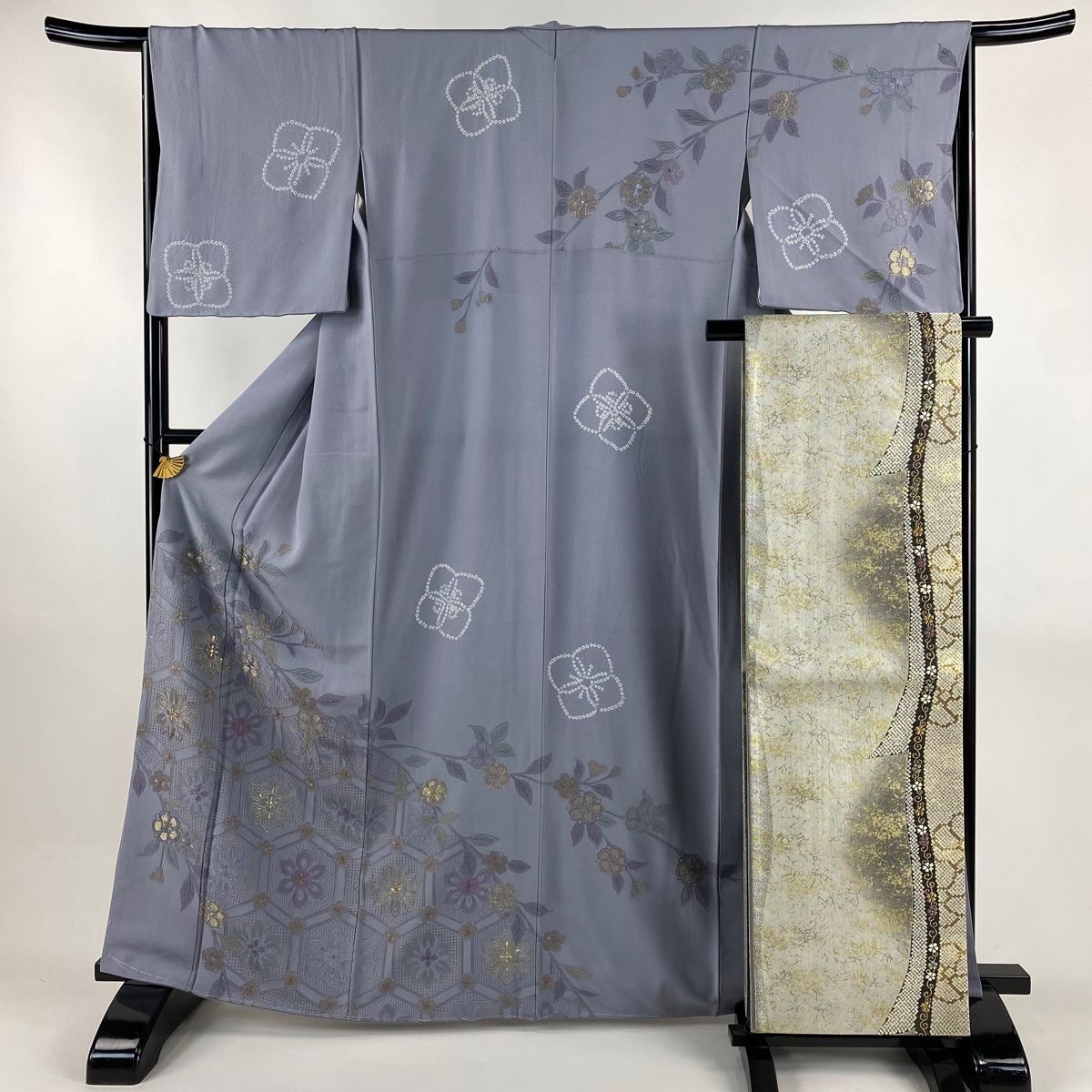 訪問着 身丈164.5 cm 裄丈65.5 M 袷 袋帯セット 華文 亀甲 金糸 刺繍 青灰色 正絹