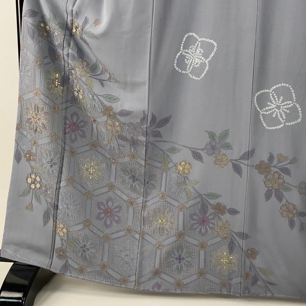 訪問着 身丈164.5 cm 裄丈65.5 M 袷 袋帯セット 華文 亀甲 金糸 刺繍 青灰色 正絹