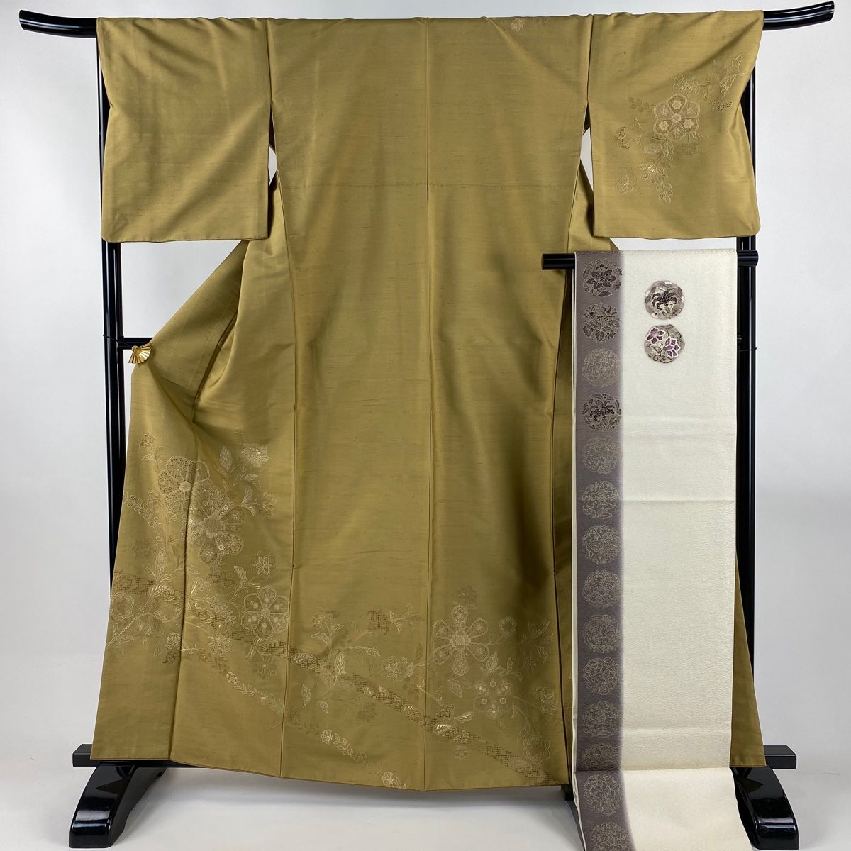 訪問着 身丈163.5 cm 裄丈68 L 袷 袋帯セット 紬地 草花 刺繍 黄土色 正絹