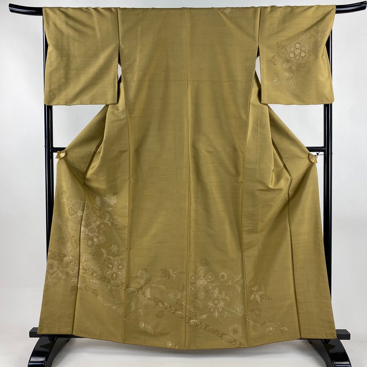  訪問着 身丈163.5 cm 裄丈68 L 袷 袋帯セット 紬地 草花 刺繍 黄土色 正絹 訪問着 付け下げ 着物