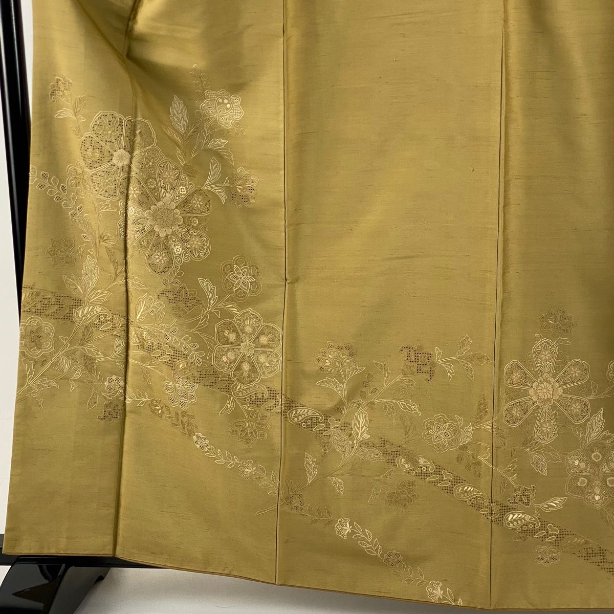 訪問着 身丈163.5 cm 裄丈68 L 袷 袋帯セット 紬地 草花 刺繍 黄土色 正絹