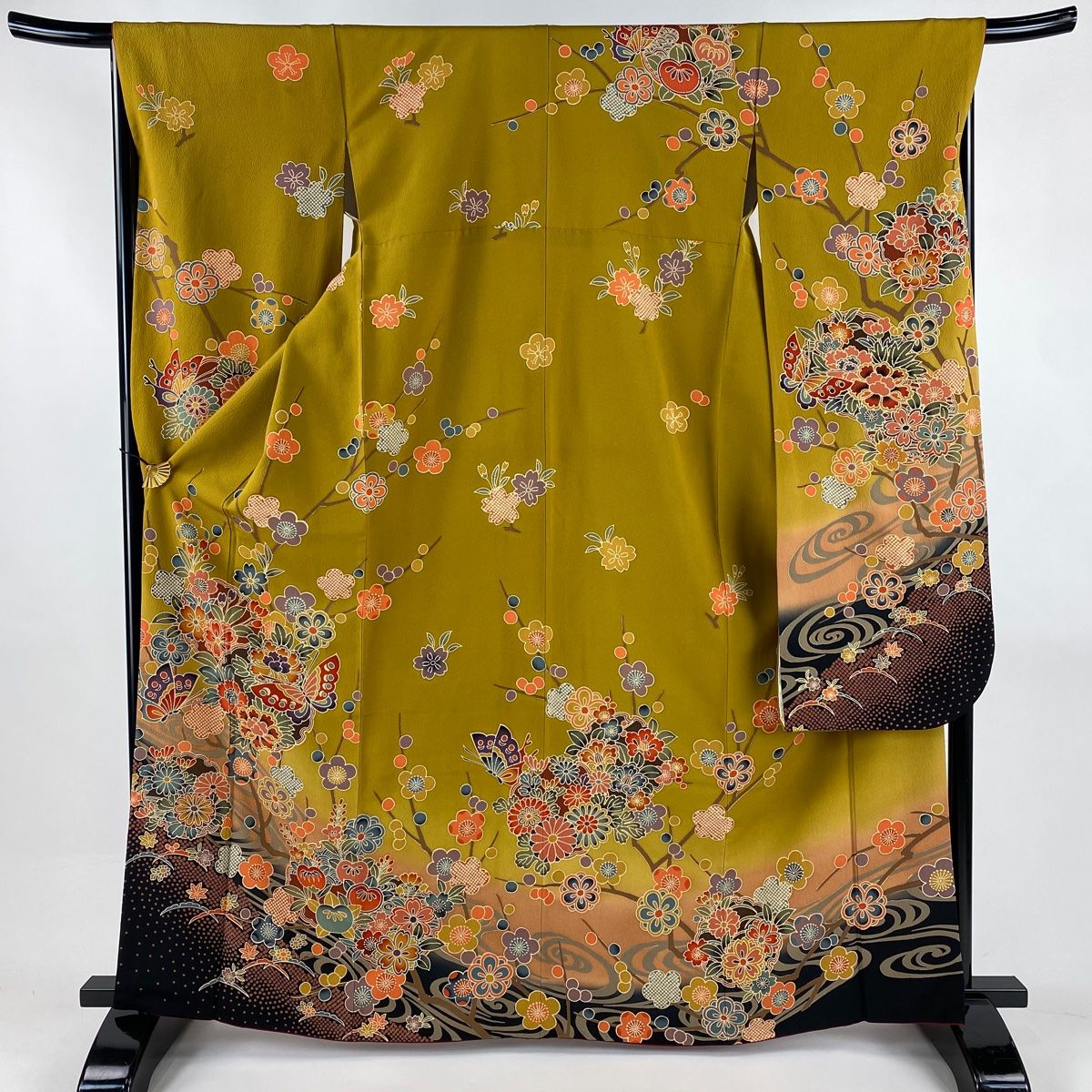 振袖 身丈165 cm 裄丈67.5 L 袷 袋帯フルセット 蝶 草花 山吹茶色 正絹