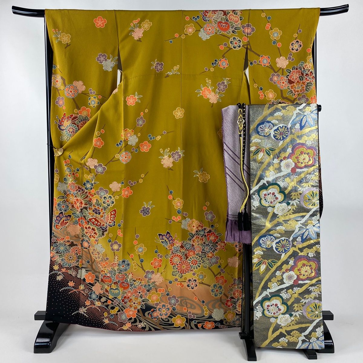 振袖 身丈165 cm 裄丈67.5 L 袷 袋帯フルセット 蝶 草花 山吹茶色 正絹