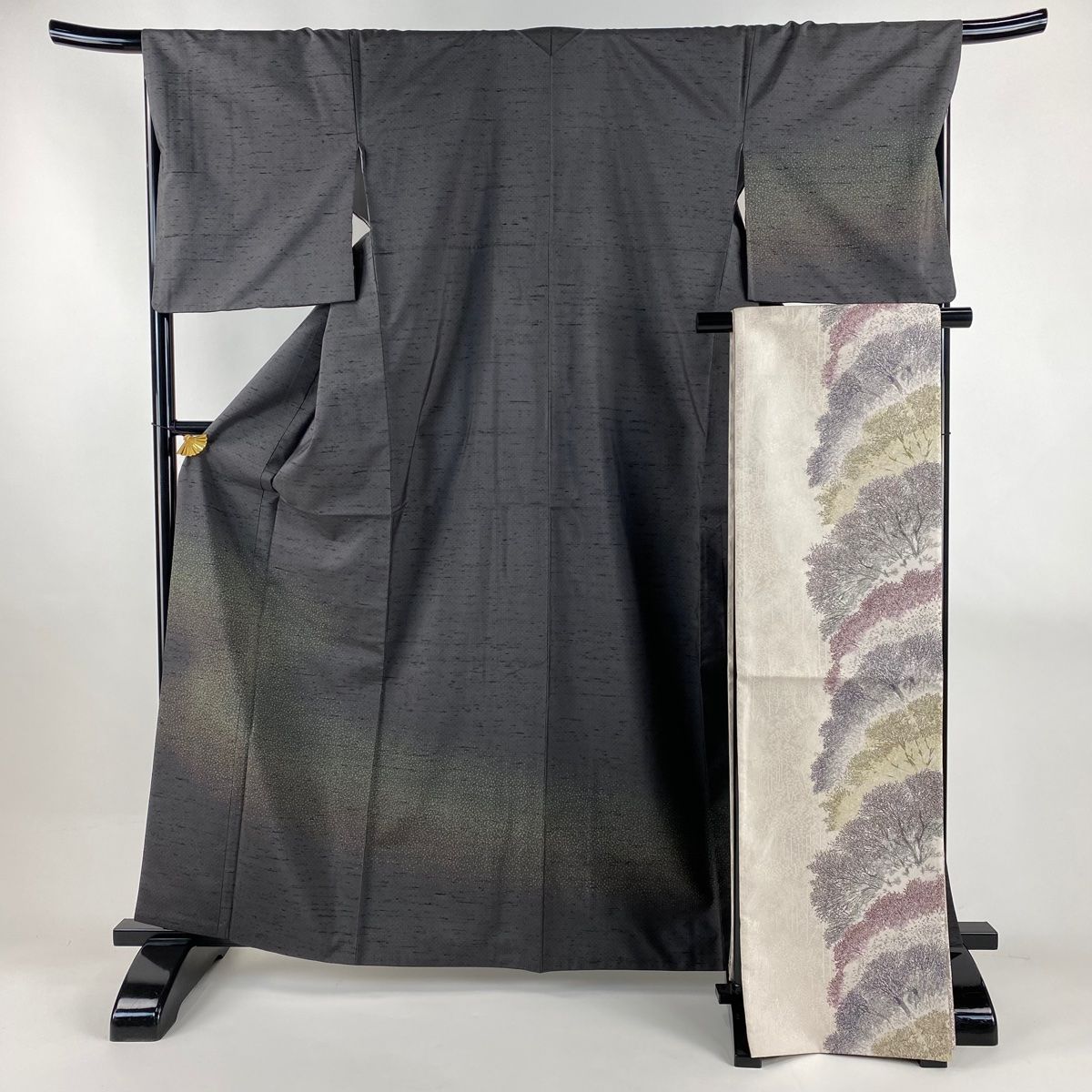付下げ 身丈163 cm 裄丈68.5 L 袷 袋帯セット 紬地 落款 ドット 幾何学模様 灰色 正絹 秀品