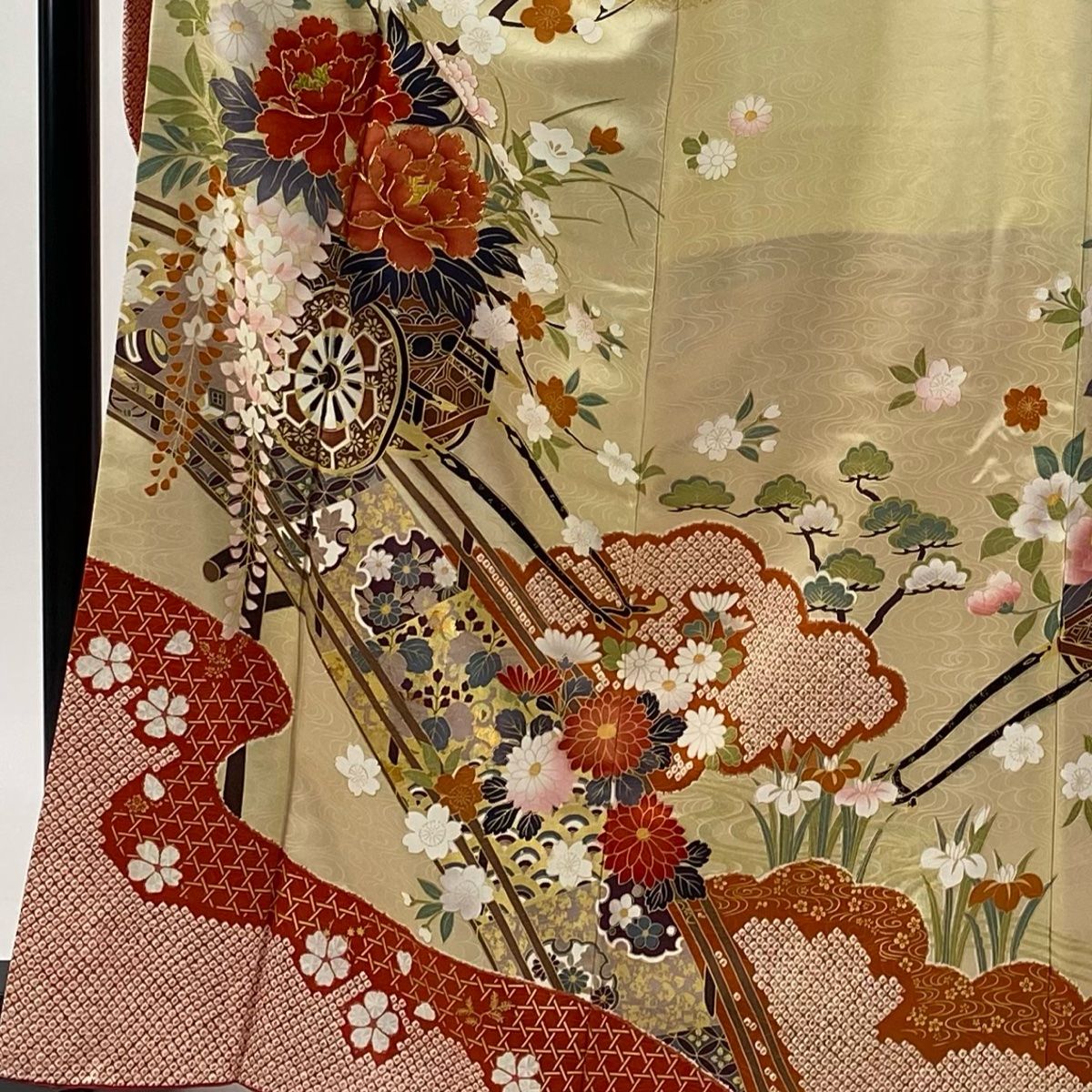 振袖 身丈165.5 cm 裄丈66 M 袷 袋帯フルセット 落款 花車 橋 金彩 金糸 ベージュ 正絹 秀品