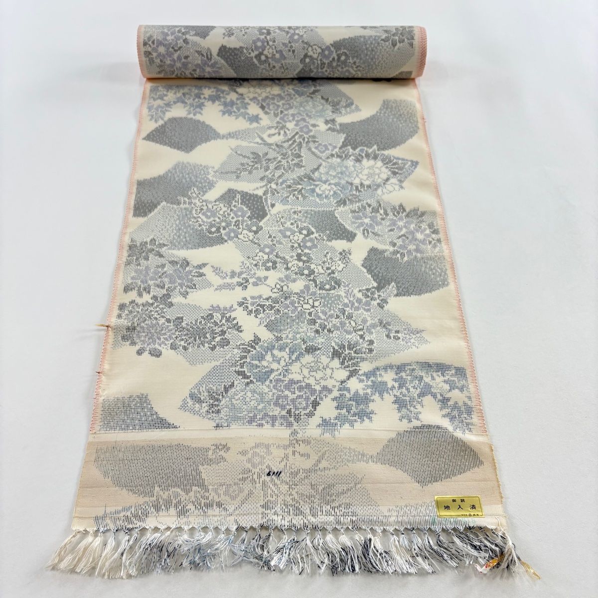 反物 秀品 紬 扇面 草花 クリーム 正絹