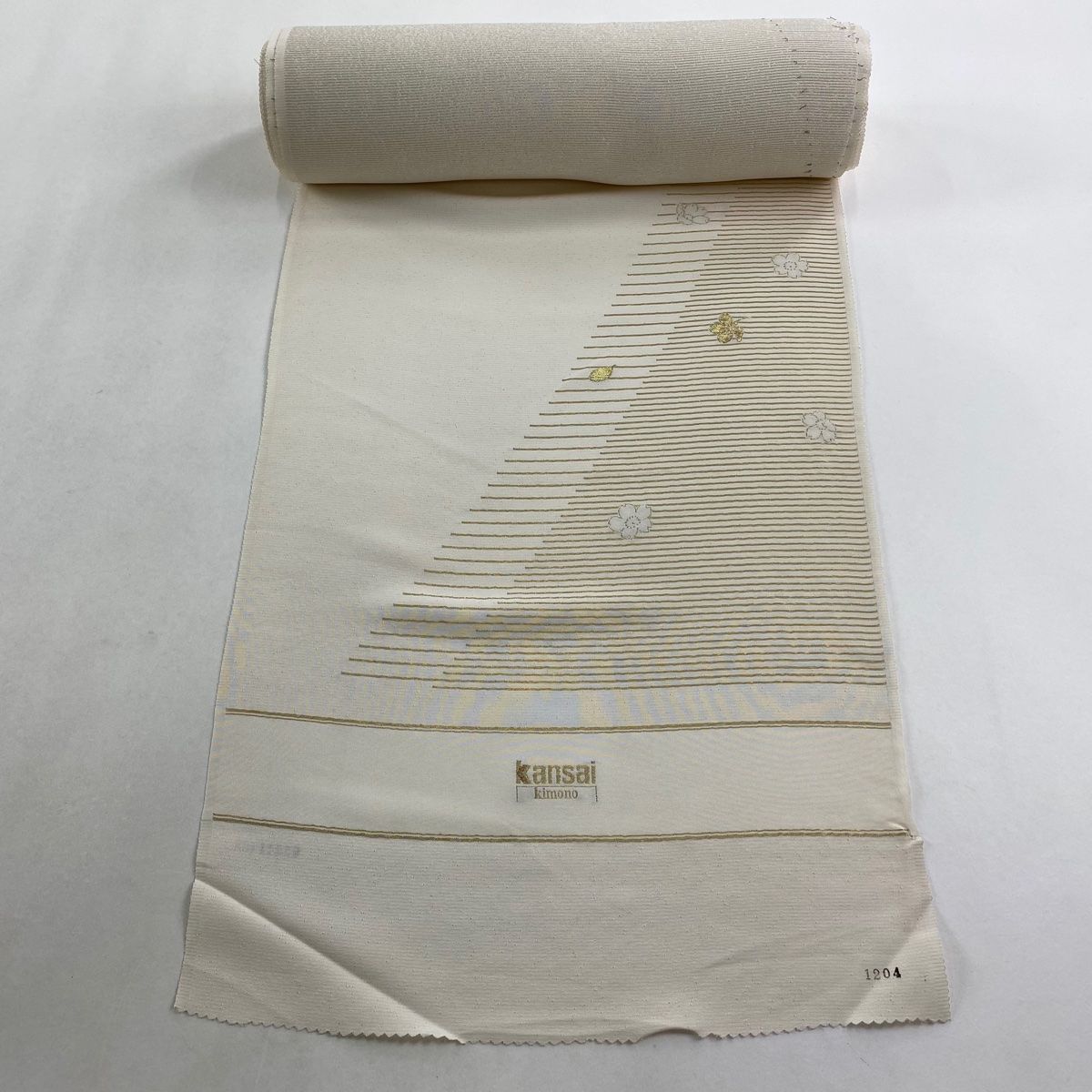 反物 名品 付け下げ 落款有 山本寛斎 桜 縞 金糸 箔 クリーム 正絹 【】