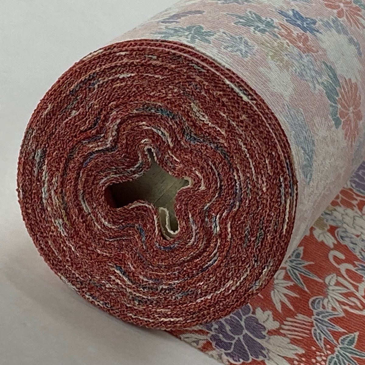  反物 秀品 小紋 花鳥 波 縮緬 茜色 正絹 小紋 着物反物