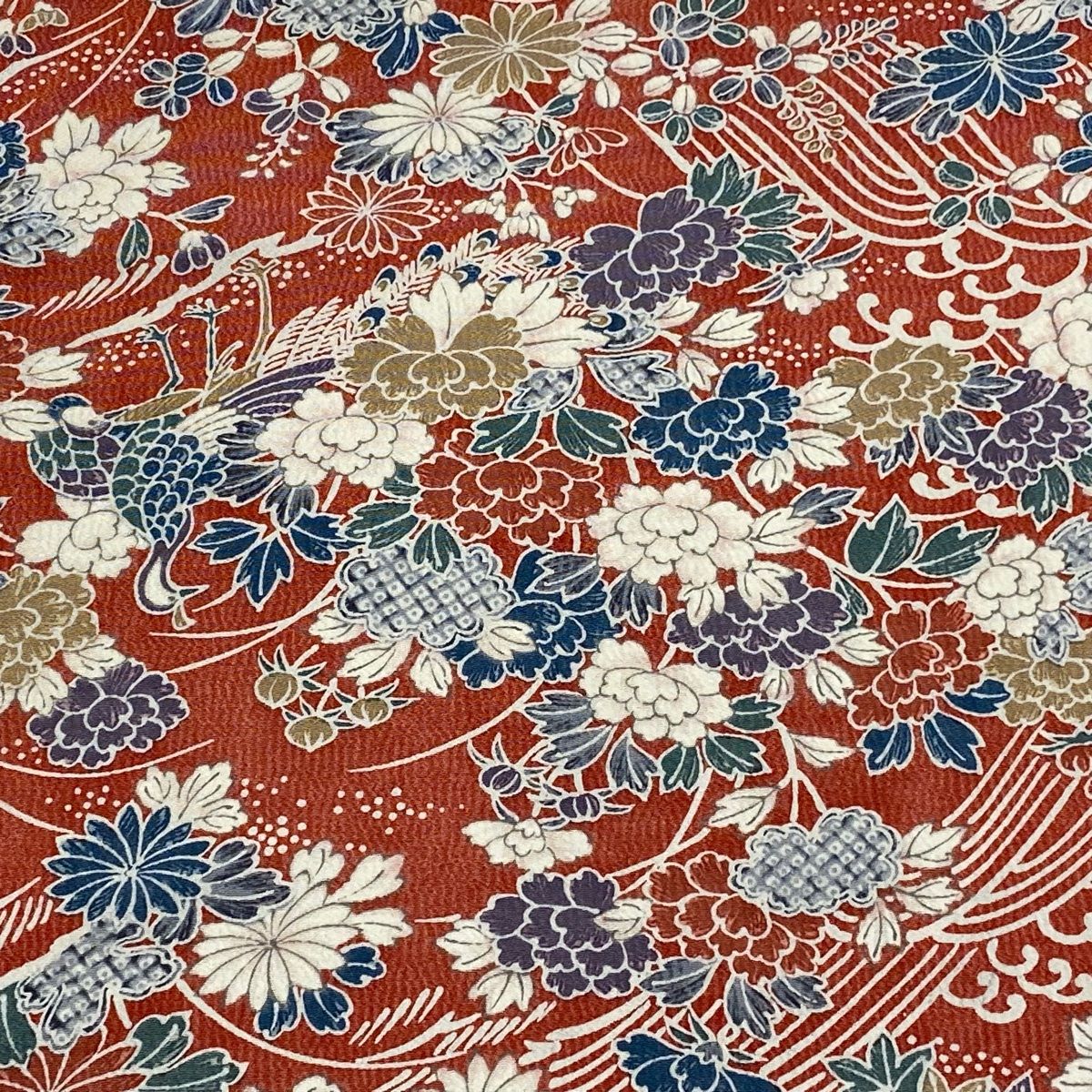 反物 秀品 小紋 花鳥 波 縮緬 茜色 正絹