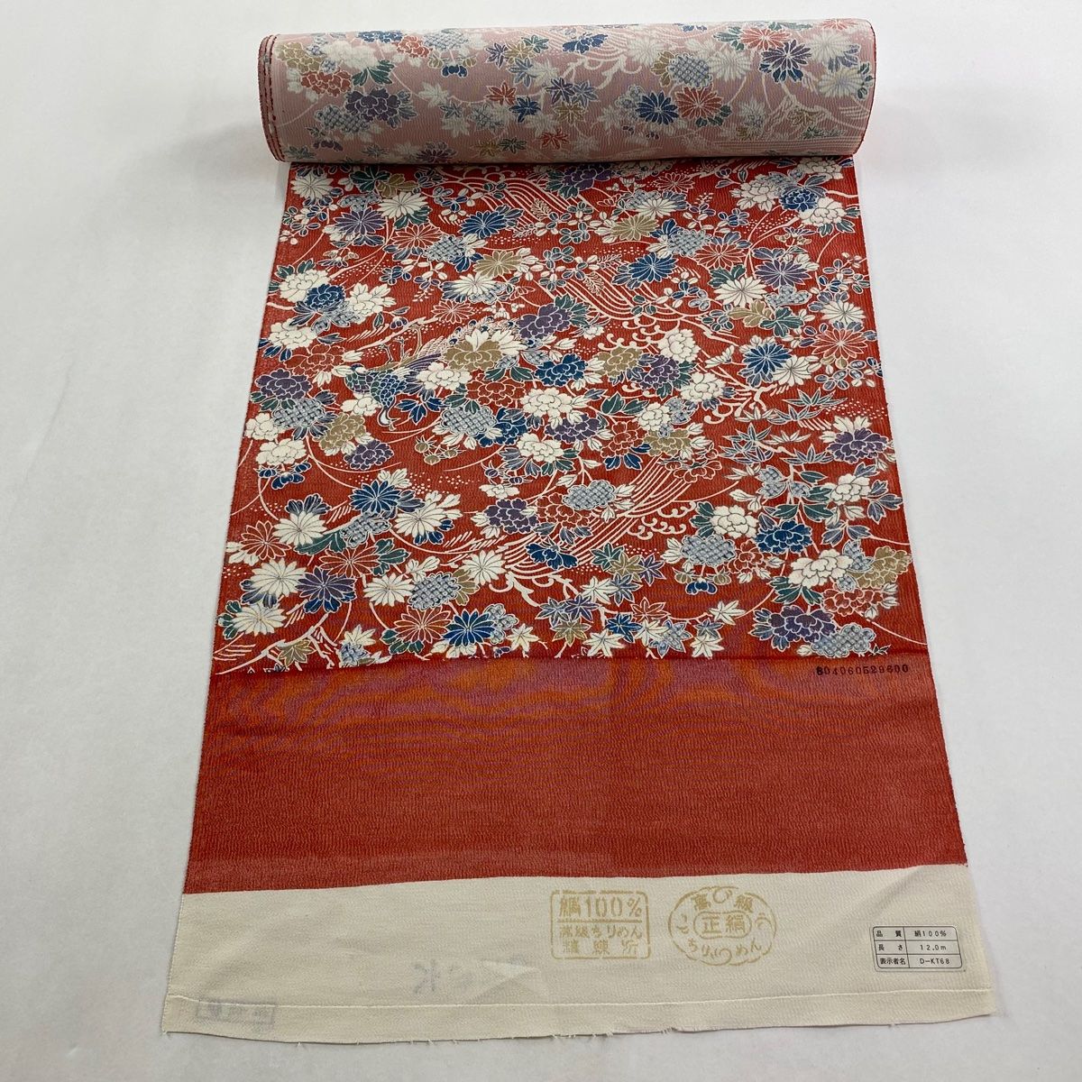 反物 秀品 小紋 花鳥 波 縮緬 茜色 正絹