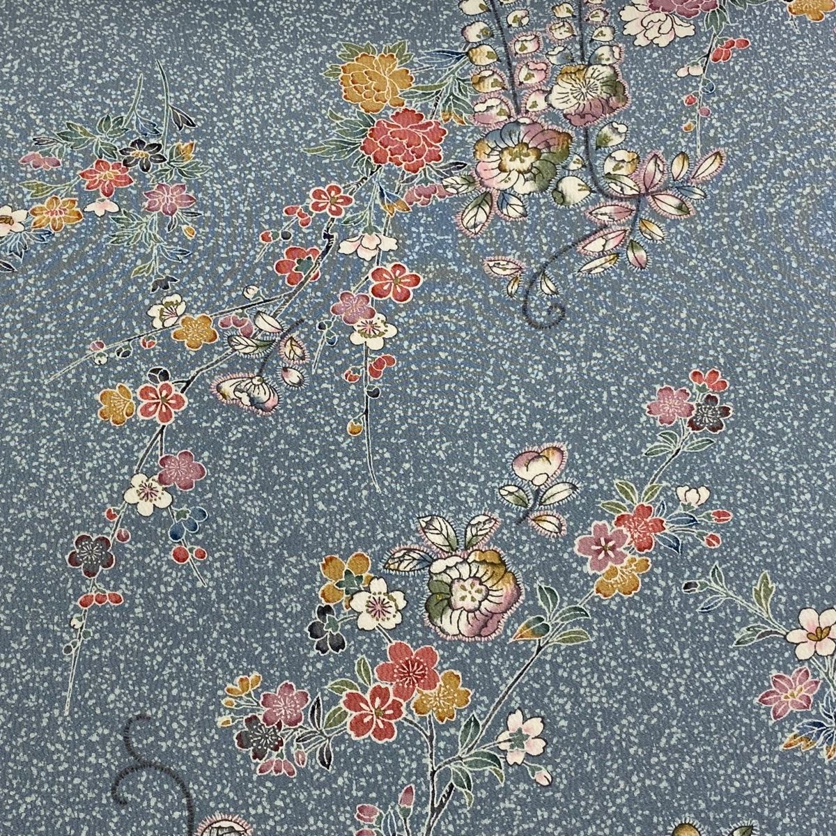 反物 秀品 小紋 草花 縮緬 青灰色 正絹