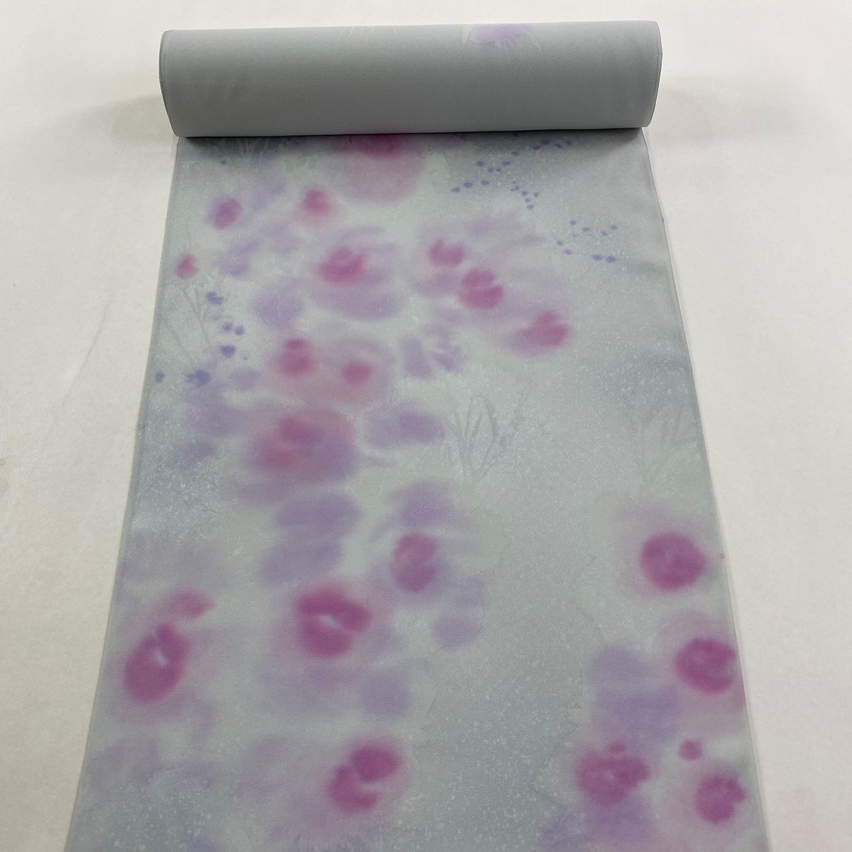 反物 秀品 付け下げ 草花 縮緬 青灰色 正絹