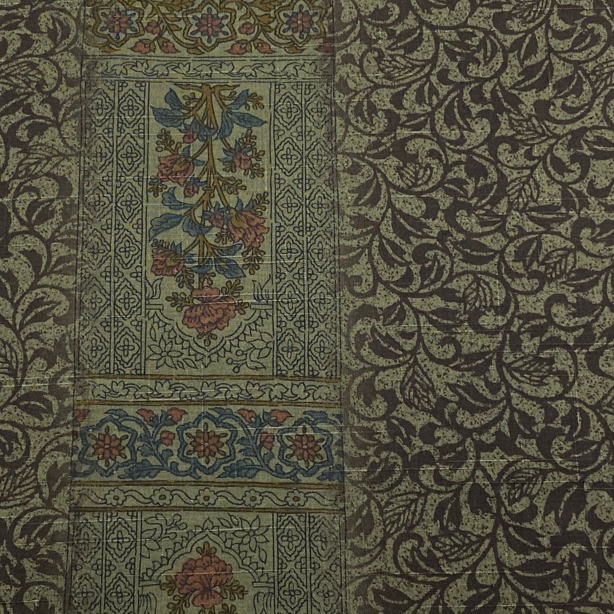 反物 秀品 紬 証紙有 草花 唐草 灰緑 正絹