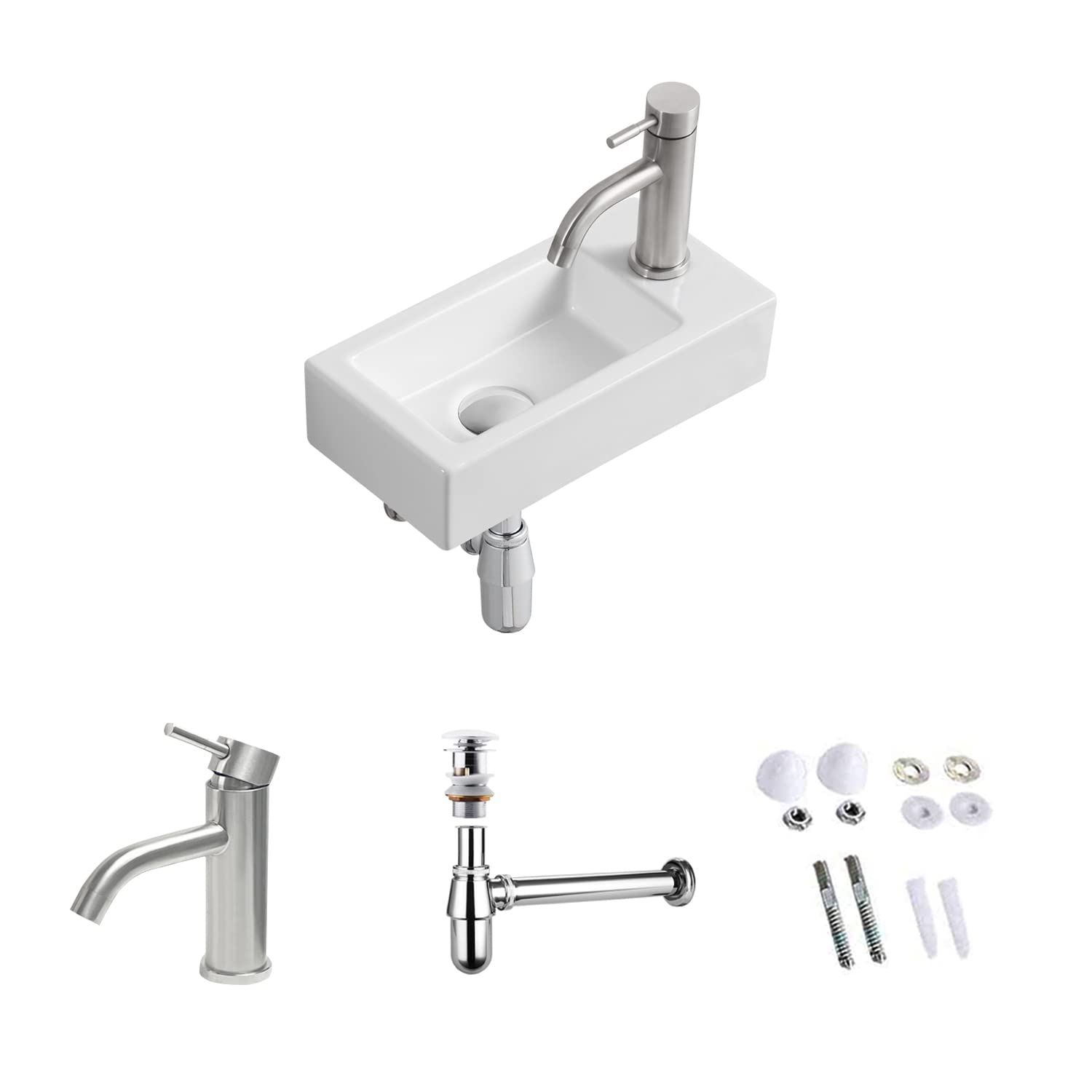 混合水栓付き ミニ 手洗い器 壁掛け 375 190 95 mm 手洗器セット 小型洗面ボウル おしゃれ 洗面ボール コンパクト 洗面台 手洗いボウル 壁付け型 陶器 手洗い台 右側