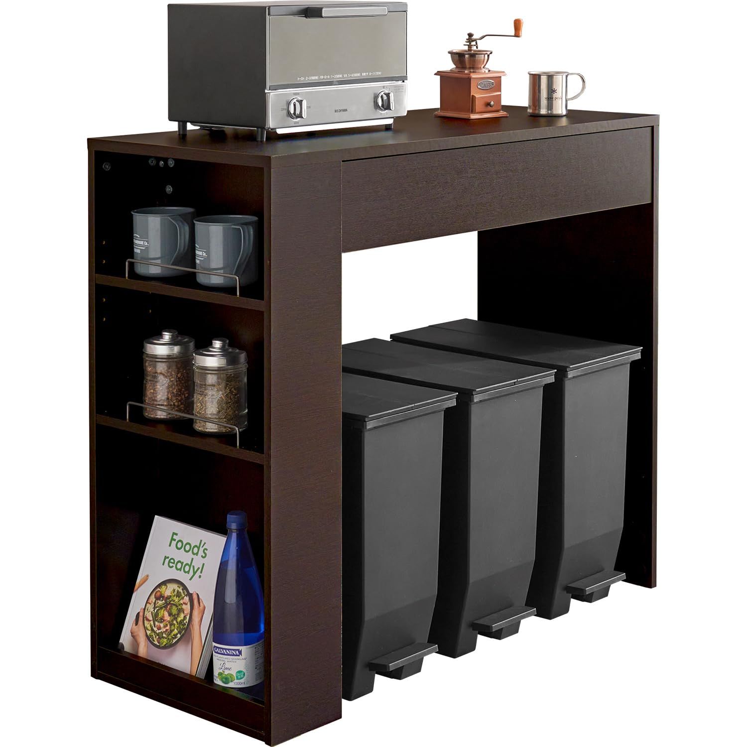 萩原 レンジ台 キッチンラック ゴミ箱上 ラック 引き出し付き 幅 98 5 奥行 42 高さ90 天板 耐荷重 20 kg ダークブラウン 組立品 VKR 7149 DBR
