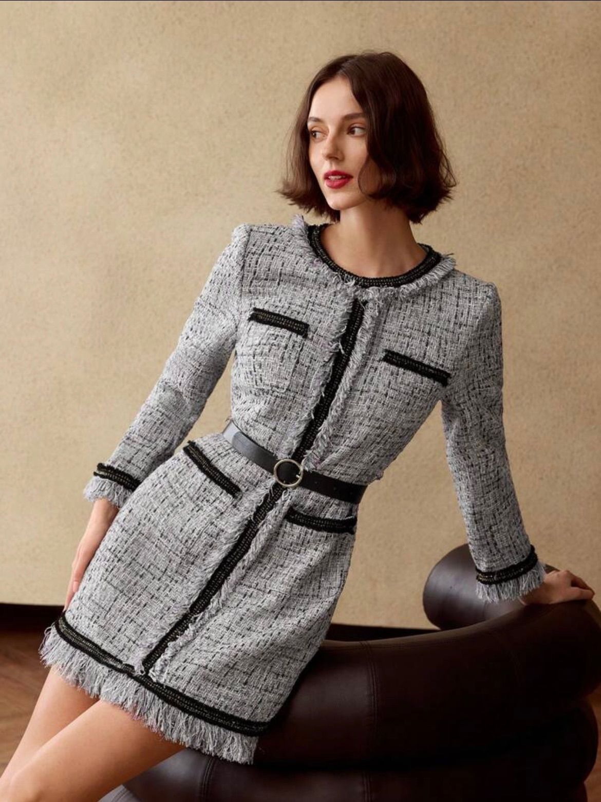 MOTF グレーとブラックのツイードドレス