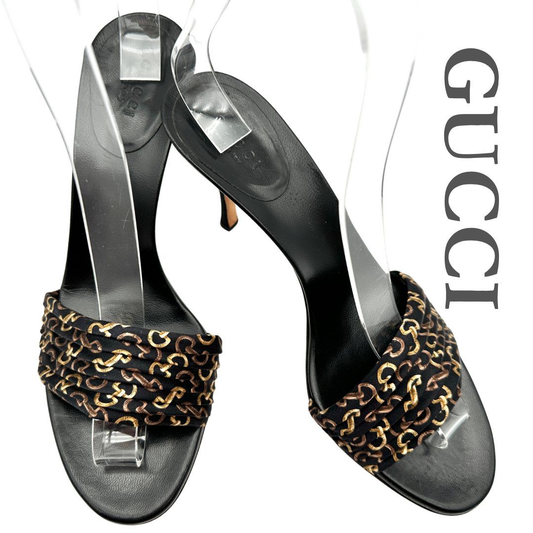 GUCCI サンダル サテン ホースビット柄 ピンヒール ブラック 2279 T